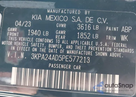 2023 Kia Rio Lx из США, поврежденный, VIN 3KPA24AD5PE577213